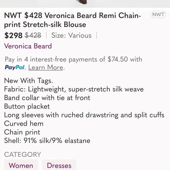 Veronica Beard NWT Remi Chain Print Necktie Silk Stretch Blouse Size 2 - Picture 13 of 13